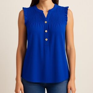 Wilde Royal Blue Sleeveless Smocked Henley Top L Ruffle Trim Button Front